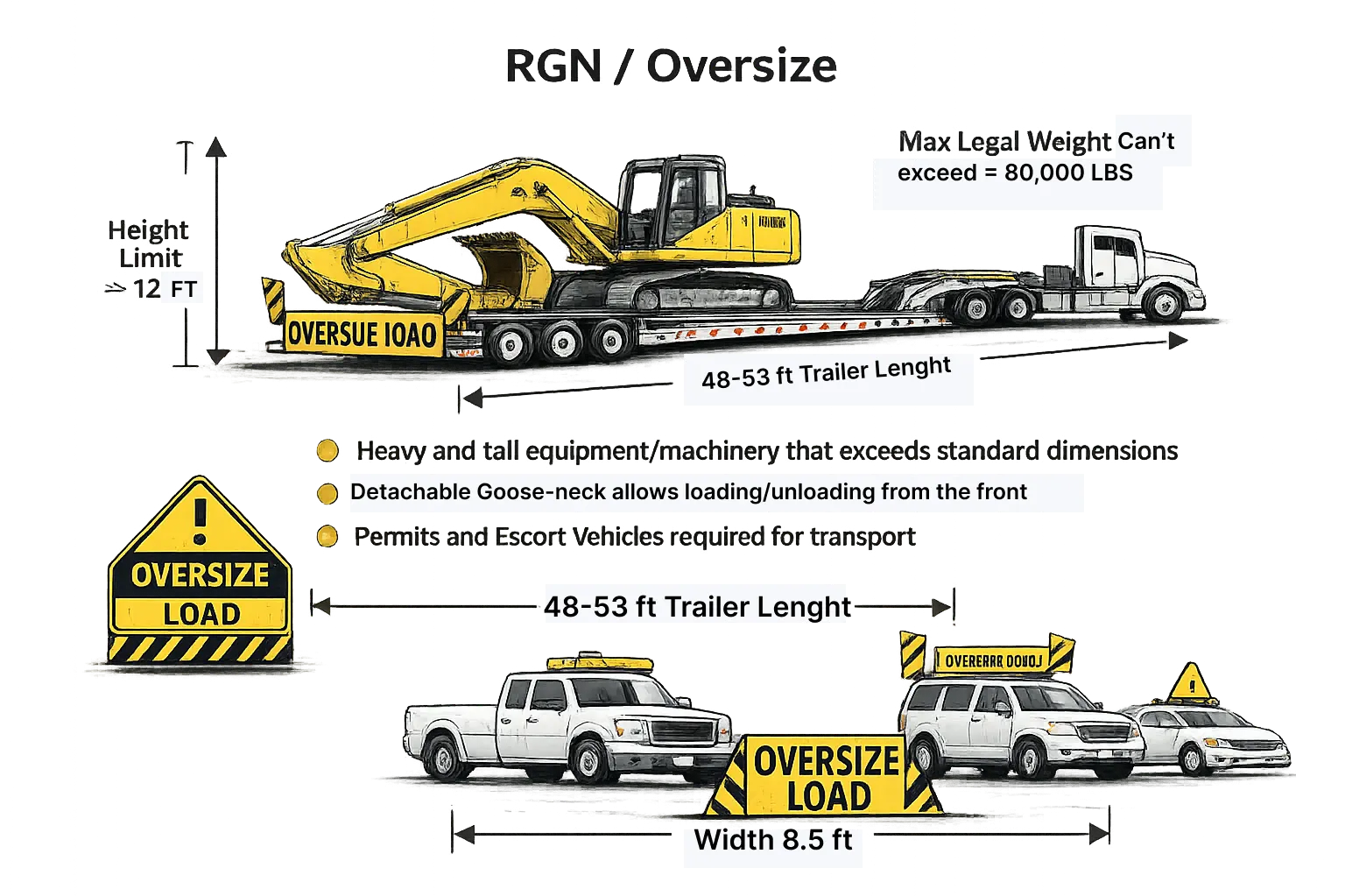 RGN and oversize equipment diagram with dimensions and payload guidance